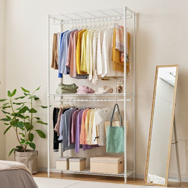 ハンガーラック 幅110cm 3段 ルミナスラテ ホワイト 幅111×奥行41×高さ