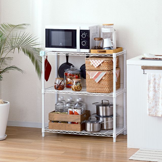 キッチンラック 幅80cm 3段 ルミナスラテ スチールラック ホワイト 幅